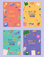 conjunto de cartão de volta às aulas com material escolar colorido vetor