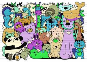 desenho vetorial grande conjunto de animais bonitos doodle. perfeito para cartão postal aniversário bebê livro quarto infantil, ilustração para livro de colorir, cada um em uma camada separada.