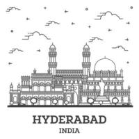 delinear o horizonte da cidade de hyderabad índia com edifícios históricos isolados no branco. vetor