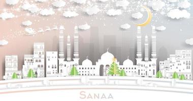 horizonte da cidade de sanaa iêmen em estilo de corte de papel com flocos de neve, lua e guirlanda de néon. vetor