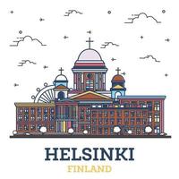 delineie o horizonte da cidade de helsinque finlandesa com edifícios históricos coloridos isolados no branco. vetor