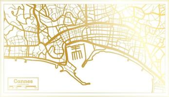 mapa da cidade de cannes frança em estilo retrô na cor dourada. mapa de contorno. vetor