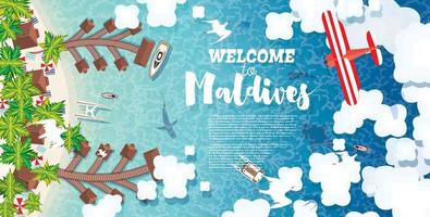 praia de maldivas na ilha. fundo de verão com praia tropical, palmeiras, hotel, nuvens e avião. vetor