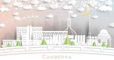 horizonte da cidade de canberra austrália em estilo de corte de papel com flocos de neve, lua e guirlanda de néon. vetor