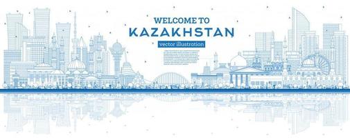 esboço bem-vindo ao Cazaquistão. horizonte da cidade com edifícios azuis e reflexões. vetor