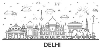 delinear o horizonte da cidade de delhi índia com edifícios históricos isolados no branco. vetor