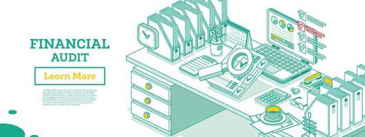 auditoria financeira. conceito de negócio isométrico. relatório de imposto de conta. laptop com calendário e lupa. vetor