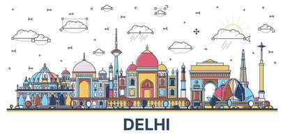 delineie o horizonte da cidade de delhi índia com edifícios históricos coloridos isolados no branco. vetor