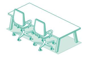 duas cadeiras de escritório isométricas sobre rodas e mesa moderna com quatro pernas. vetor