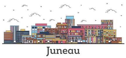 delineie o horizonte da cidade de Juneau Alaska com edifícios coloridos isolados em branco. vetor