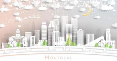 horizonte da cidade de montreal canadá em estilo de corte de papel com flocos de neve, lua e guirlanda de néon. vetor