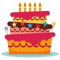bolo de aniversário doce com cinco velas acesas. sobremesa colorida do feriado. fundo de celebração de vetor. vetor