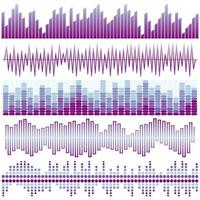 conjunto vetorial de ondas sonoras roxas. equalizador de áudio. ondas de som e áudio isoladas no fundo branco. vetor