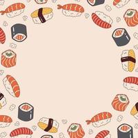 quadro redondo vetorial com maki sushi roll e nigiri sushi em estilo retrô. modelo moderno com comida tradicional japonesa. fronteira com a comida asiática dos anos 70. vetor