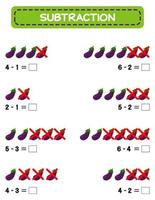 subtração. planilha de matemática para crianças. desenvolver habilidades de numeramento. resolva exemplos e escreva. matemática. jogo de crianças de matemática illustration.educational vector. subtração para crianças. vetor