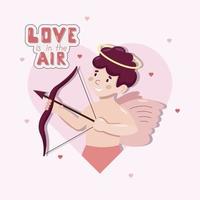cartão de saudação de vetor de desenho animado bonito com pequeno cupido atirando do arco em um coração. personagem de anjo. conceito de dia dos namorados.