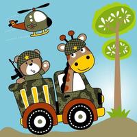 urso fofo e girafa usando capacete militar no caminhão de camuflagem, helicóptero militar, ilustração de desenho vetorial vetor