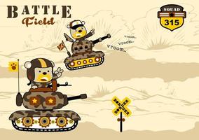 urso engraçado no veículo blindado no campo de batalha, logotipo militar, ilustração de desenho vetorial vetor