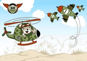 urso fofo no helicóptero militar com caça a jato no campo de batalha, ilustração de desenho vetorial vetor