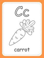 cartão de livro para colorir alfabeto para crianças com a letra c e uma cenoura. cartão educacional para crianças. a palavra cenoura, o alfabeto inglês. ilustração vetorial. vetor