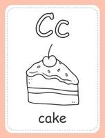 cartão de livro de colorir alfabeto para crianças com a letra c e pedaço de bolo. cartão educacional para crianças. a palavra bolo, o alfabeto inglês. ilustração vetorial. vetor