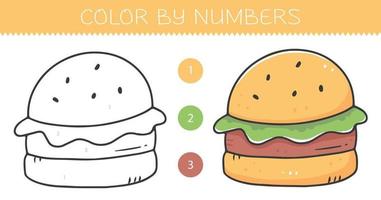 livro de colorir por números para crianças com um hambúrguer. página para colorir com hambúrguer bonito dos desenhos animados com um exemplo para colorir. versões monocromáticas e coloridas. ilustração vetorial. vetor
