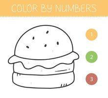 livro de colorir por números para crianças com um hambúrguer. página para colorir com hambúrguer bonito dos desenhos animados. preto e branco monocromático. ilustração vetorial. vetor