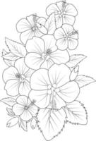 buquê de flor de hibisco desenho a lápis desenhado à mão página para colorir e livro para adultos isolados em tatuagem de elemento floral de fundo branco, arte de tinta de ilustração. vetor
