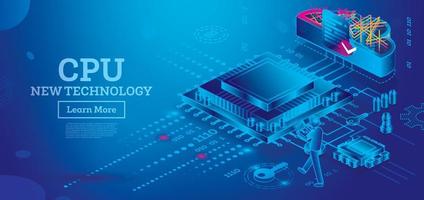 CPU isométrica futurista com linhas de néon sobre fundo azul. tecnologia de computador. vetor