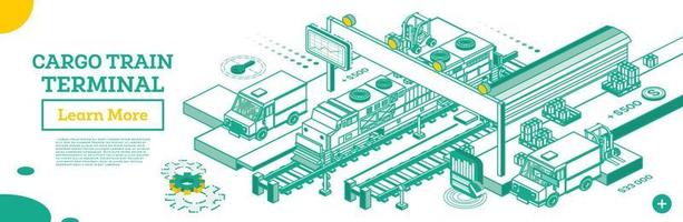 terminal de trem de carga de contorno. locomotiva com vagão. estação ferroviária isométrica. vetor