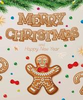 cartão de saudação de Natal com homem-biscoito e ramos de abeto. vetor