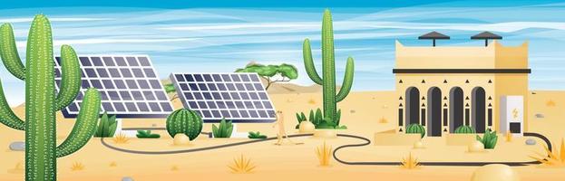 conceito de energia solar. paisagem deserta com construção de areia. dois painéis solares e plantas. vetor