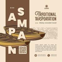 barco de madeira malaio sampan para transporte tradicional. cartaz vintage com ideia de tema de transporte público vetor