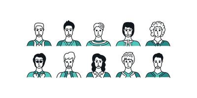conjunto de avatares de pessoas com estilo cartoon mínimo e várias expressões. coleção de personagens masculinos vetor