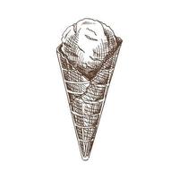 um esboço desenhado à mão de um cone de waffle com sorvete. ilustração vintage. elemento para o design de rótulos, embalagens e cartões postais. vetor