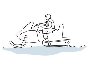 mão desenhando uma linha de homem jogar snowmobile no fundo branco. vetor
