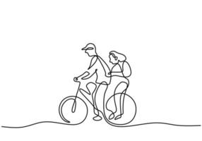 mão desenhando uma linha de casal andando de bicicleta no fundo branco. vetor