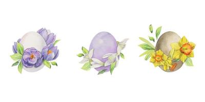 aquarela mão desenhada clipart de celebração de páscoa. composição de ovos pintados, flores da primavera, folhas, galho. isolado no design de fundo branco para convites, presentes, cartões, impressão, têxteis vetor