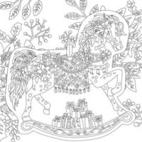 livro de colorir de pônei de arte de linha de detalhe de vetor livre com motivo de folha e flor