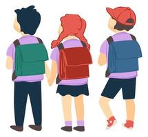 crianças em idade escolar com mochila em pé vista traseira vetor