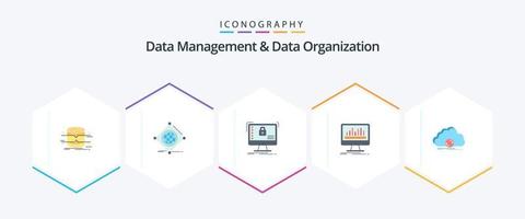 gerenciamento de dados e organização de dados 25 pacote de ícones planos, incluindo painel. análise. de. dados. seguro vetor
