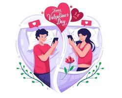 um casal apaixonado conversando em seu smartphone no quarto. amor a longa distância. relacionamentos virtuais. ilustração do conceito de dia dos namorados vetor