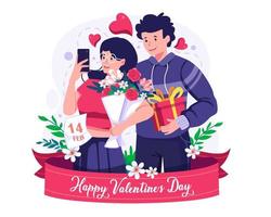 um casal tira uma selfie. um homem e uma mulher tirando fotos juntos com presentes e flores. amantes de selfie. ilustração do conceito de dia dos namorados vetor