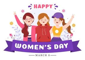 ilustração do dia internacional da mulher em 8 de março para celebrar as conquistas das mulheres em modelos de página de aterrissagem plana desenhada à mão vetor