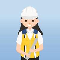 arquiteto, técnico e construtores e engenheiros e mecânicos e trabalhadores da construção civil trabalho em equipe, personagem de desenho animado de ilustração vetorial. engenheiro com capacete de segurança branco no canteiro de obras. vetor