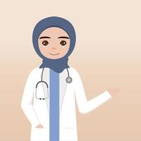 personagem de médico de hijab de vista frontal. a criação de personagem médico enfrenta emoções, pose e gesto. estilo dos desenhos animados, vector plana illustration.female hijab médico dedo apontando para cima, segurando a área de transferência.