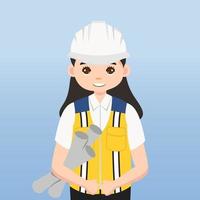 arquiteto, técnico e construtores e engenheiros e mecânicos e trabalhadores da construção civil trabalho em equipe, personagem de desenho animado de ilustração vetorial. engenheiro com capacete de segurança branco no canteiro de obras. vetor