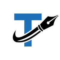 logotipo educacional no conceito de letra t com modelo de vetor de ponta de caneta