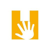 conceito de logotipo de mão letra h para cuidados com as mãos, sinal de caridade e modelo de vetor de símbolo de logotipo de doação
