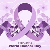 dia mundial de conscientização do câncer, 4 de fevereiro. símbolo de fita lilás ou roxo de câncer com elementos florais. pare o modelo quadrado de cuidados de saúde da campanha de câncer para mídia social ou site vetor